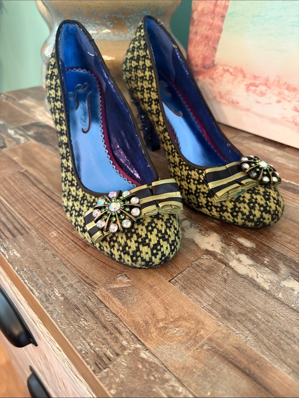 Poetic License Yellow-Green Patterned Mid Heel Pumps with Decorative Buckle - Picture 7 of 11